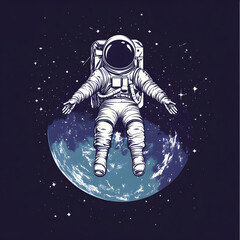 graphics of space, planets, and astronauts on a white background.