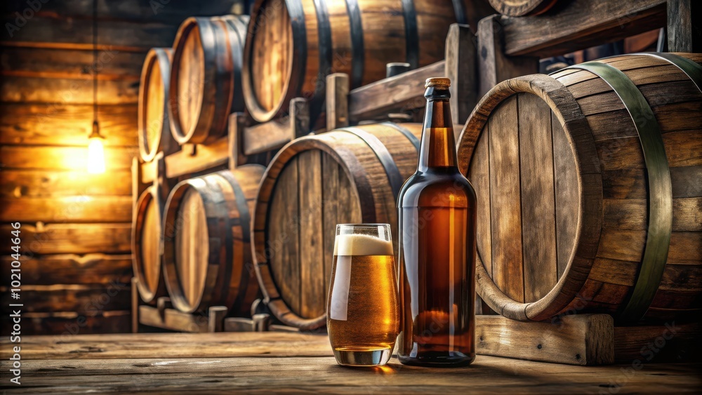 Poster wooden barrels and a glass of beer with a bottle in a rustic setting