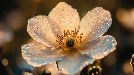 Close-up of a delicate white flower adorned with morning dew, illuminated by soft golden light.