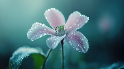 Fototapeta premium Close-up of a delicate pink flower covered in sparkling water droplets.