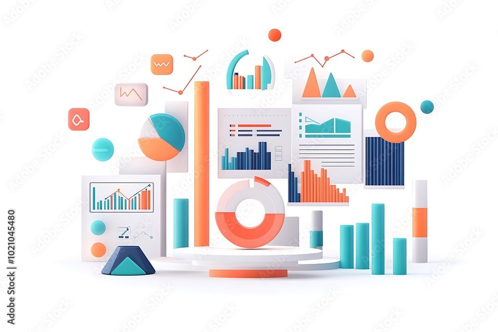 Poster 3d rendered abstract data visualization with geometric shapes and charts