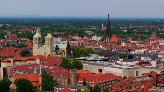 Camera pans over the city of Munster, germany, showing the iconic architecture of St Lamberti church and the Cathedral