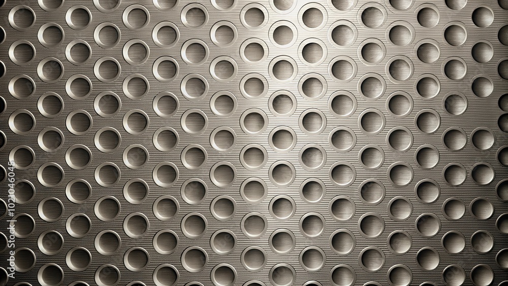 Poster abstract metallic background with a repeating pattern of circular indentations, creating a textured 