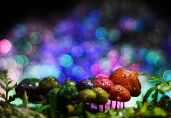 Small scale mushroom diorama with a school atmosphere in the forest with a bokeh background and colorful lights made with several shooting angles