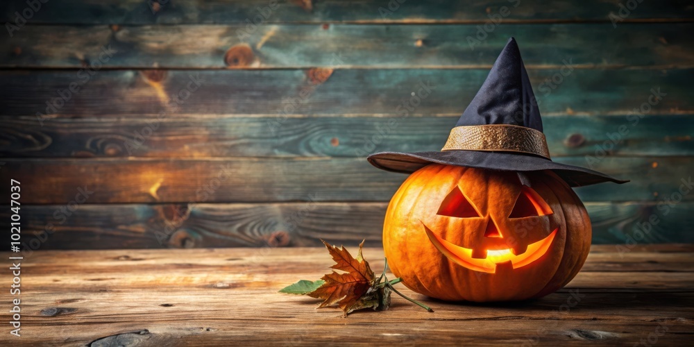 Poster a jack-o'-lantern wearing a witch's hat sits on a rustic wooden table with a single autumn leaf besi