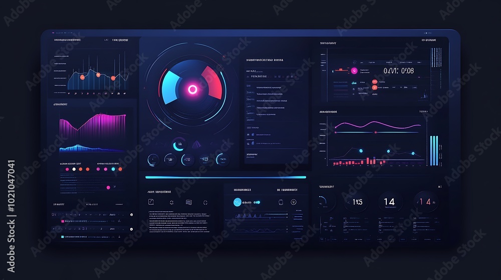 Poster futuristic interface with data visualizations and charts