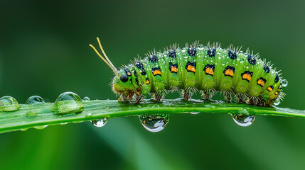 Naklejka premium A bright green caterpillar making its journey along the curved edge of a slender grass blade, with glistening dew droplets enhancing the vibrant scene.