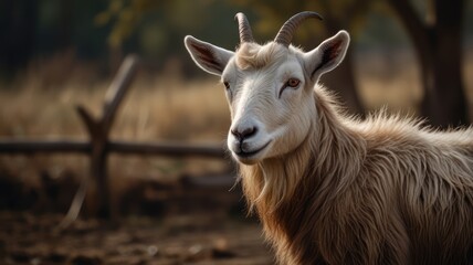 A white goat with horns stands in a field looking at the camera.