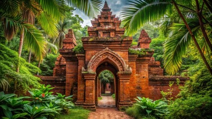 Fototapeta premium Ancient Brick Archway Leading Through a Lush Tropical Garden