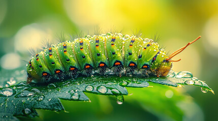 Naklejka premium A close-up view of a vividly colored caterpillar perched atop a dew-laden leaf, highlighting its intricate texture and the freshness of its natural environment.