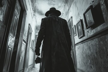 Naklejka premium Vintage Horror Aesthetic: Ominous Shadowy Figure in Tattered Coat and Wide-Brimmed Hat Standing in the Grand Hallway of a Decaying Mansion (Black and White)