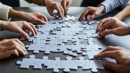 Business team building target Jigsaw Puzzle Collaboration Team members' hands working together to assemble a large jigsaw puzzle on a table