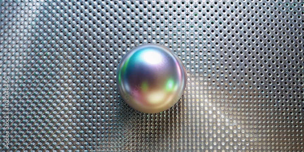 Aufkleber a single iridescent sphere resting on a circular patterned metallic surface