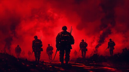 Fototapeta premium Silhouetted Soldiers Advancing Through Ominous Red Haze of Smoky Battlefield