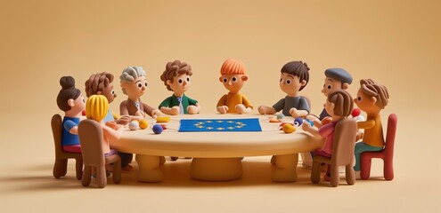 Clay figurines in diverse group meeting around a table with flag of Europe