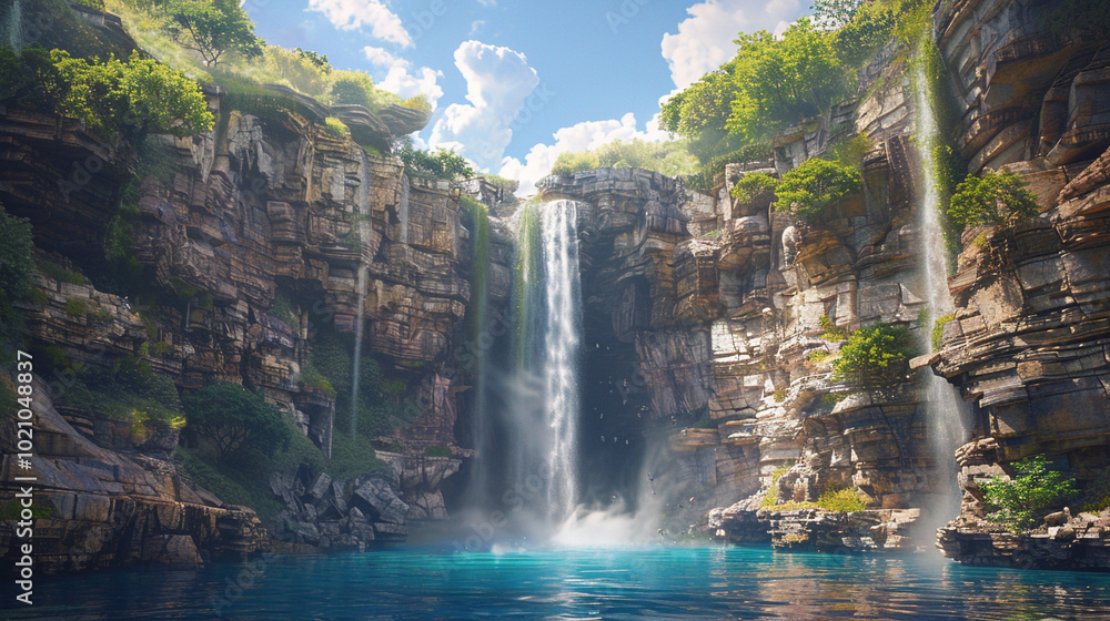 Poster a natural landscape where a waterfall flows between two cliffs made of different colored stones, hig
