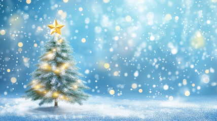 Front view of a Christmas tree with star on snow in bright blue background.