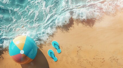 Obraz premium Summer vacation concept: flip-flops, beach ball, and snorkel on the sand.