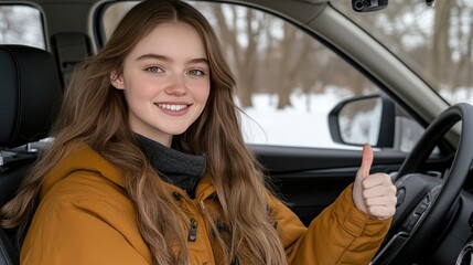 Naklejka premium A smiling woman in a winter outfit shows her enthusiasm with a thumbs up from the car as snow blankets the trees and road, creating a serene winter atmosphere