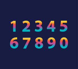 number zero to nine gradient vibrant colors rainbow, orange, blue, yellow, red, purple. cheerful colors. blue background