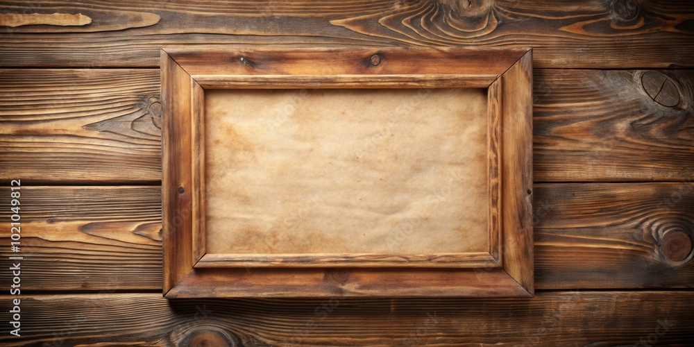 Poster rustic wooden frame with weathered paper on a distressed wood backdrop