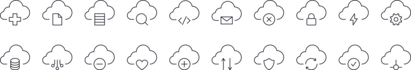 Arrows, Lock, Check etc in Cloud Store Related Line Icon Collection. Editable Stroke. Perfect for Infographics, Articles, Books, Flyers, Banners