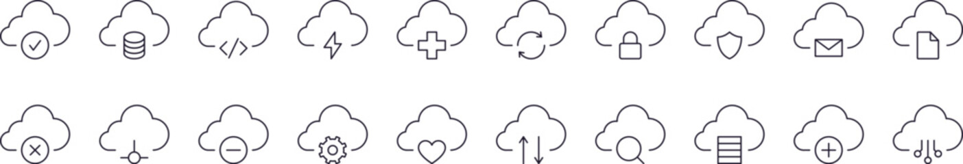 Arrows, Lock, Check etc in Cloud Store Outline Picture Collection. Editable Stroke. Perfect for Infographics, Articles, Books, Flyers, Banners