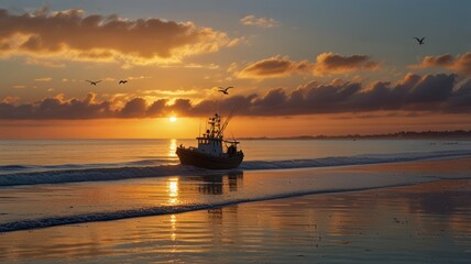 Obraz premium A silhouette of a fishing boat on the horizon at sunrise. The orange and pink colors of the sunrise cast a warm glow over the water. A flock of birds flies overhead.