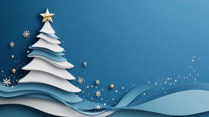 Christmas tree in the shape of cut out paper, on white and light blue festive background with copy space.