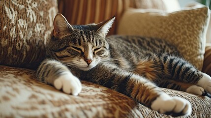 A cat stretching lazily on a couch, its front paws reaching forward while its eyes half-close in relaxation