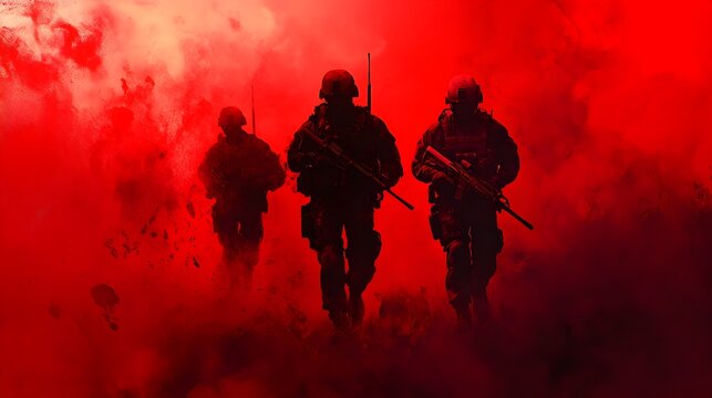 Stealthy Soldiers Advancing in Shrouded Battlefield with Fiery Red Backdrop