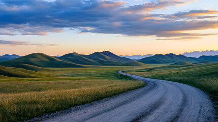 A road going through a wilderness area at dusk in Inner Mongolia province, China.