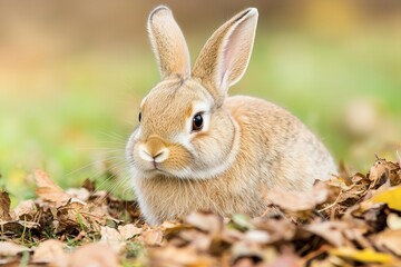 Fototapeta premium Cute rabbit sitting amid autumn leaves, soft fur, warm colors, nature background.