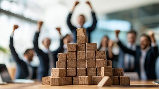 Business team building target Business team arranging dominoes, no faces visible