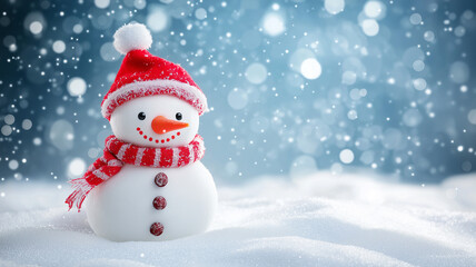 Fototapeta premium Snowman background, Christmas decorations, background on snow with copy space.