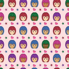  Cute Girl's Smiling Faces with Various Skin Tones, Hair Colors, Love, and Star in a Pinkish Vibe - Vector Illustration.