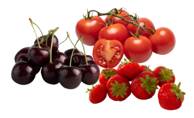 Cherry, strawberry, fresh tomato cut out isolated transparent background