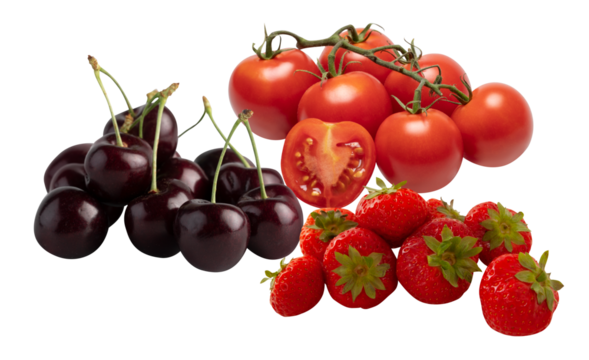 Cherry, strawberry, fresh tomato cut out isolated transparent background