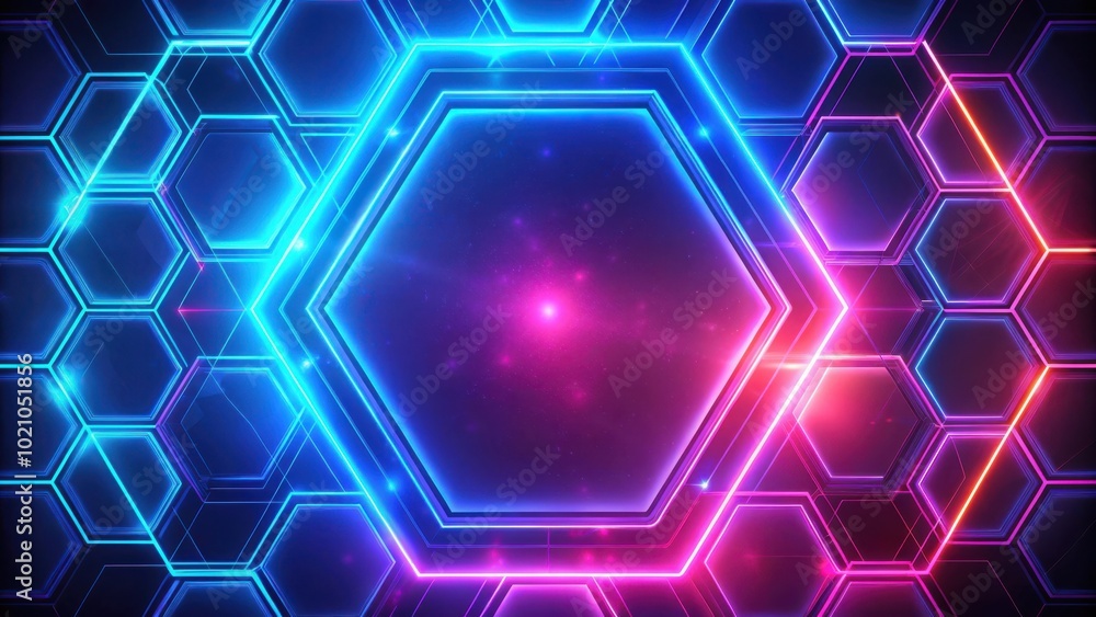 Fototapete Abstract neon glow hexagon pattern with bright colors and a space-like texture.