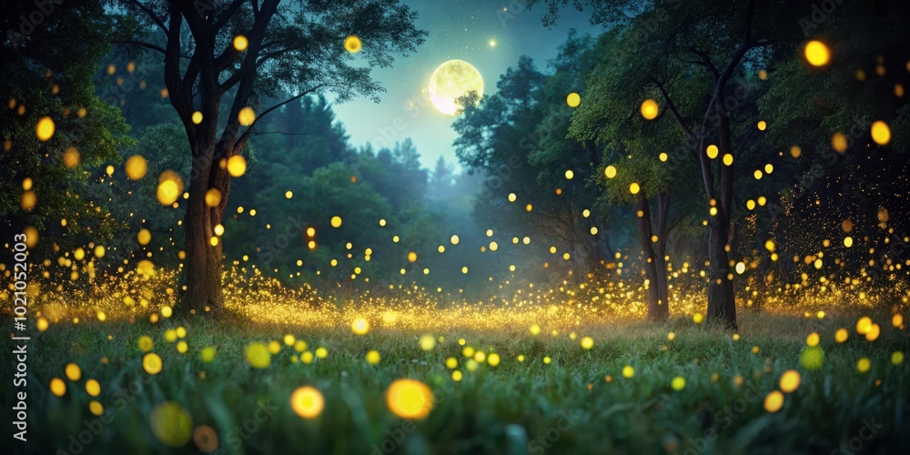 Aufkleber A magical forest bathed in the ethereal glow of fireflies, illuminated by the soft light of a full moon, creating a surreal and enchanting atmosphere
