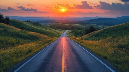Fototapeta premium Road leading through lush green hills at sunset