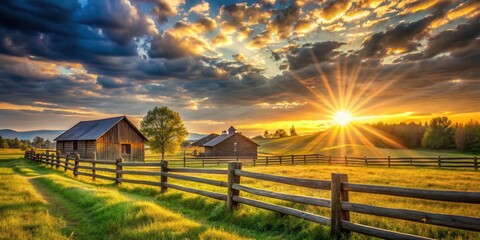 Golden Hour Sunset Illuminates Rustic Farmhouses and Rolling Fields with a Wooden Fence in the Foreground