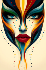 A colorful face with a red lip and blue eyes. The face is painted with a rainbow of colors and has a bold, artistic look