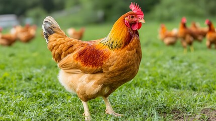 Fototapeta premium Picturesque organic poultry farm with free range chickens freely roaming in a lush grassy field Showcasing a peaceful sustainable and eco friendly agricultural landscape