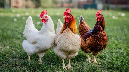 Idyllic organic poultry farm with free range chickens roaming peacefully in a lush verdant grassy field surrounded by a tranquil rural landscape
