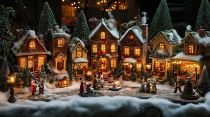 Fototapeta premium A Christmas village display with miniature houses, glowing lights, and tiny figurines celebrating the holiday