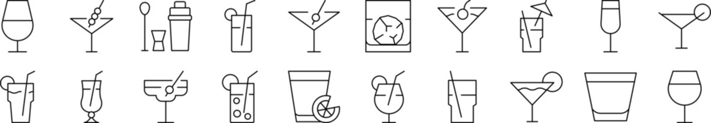Beach Cocktail Outline Icon Collection. Editable Stroke. Perfect for Infographics, Articles, Books, Flyers, Banners