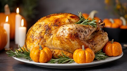 Cozy Thanksgiving Feast with Autumn Decor and Roasted Turkey A warm and inviting table setting featuring a golden roasted turkey garnished with rosemary surrounded by pumpkins candles
