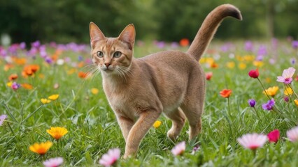 Fototapeta premium Fawn abyssinian cat in flower field