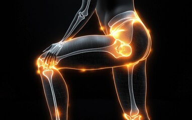 A woman's body with glowing pain points on her hip, knee, and back, highlighting the location of joint issues in an X-ray